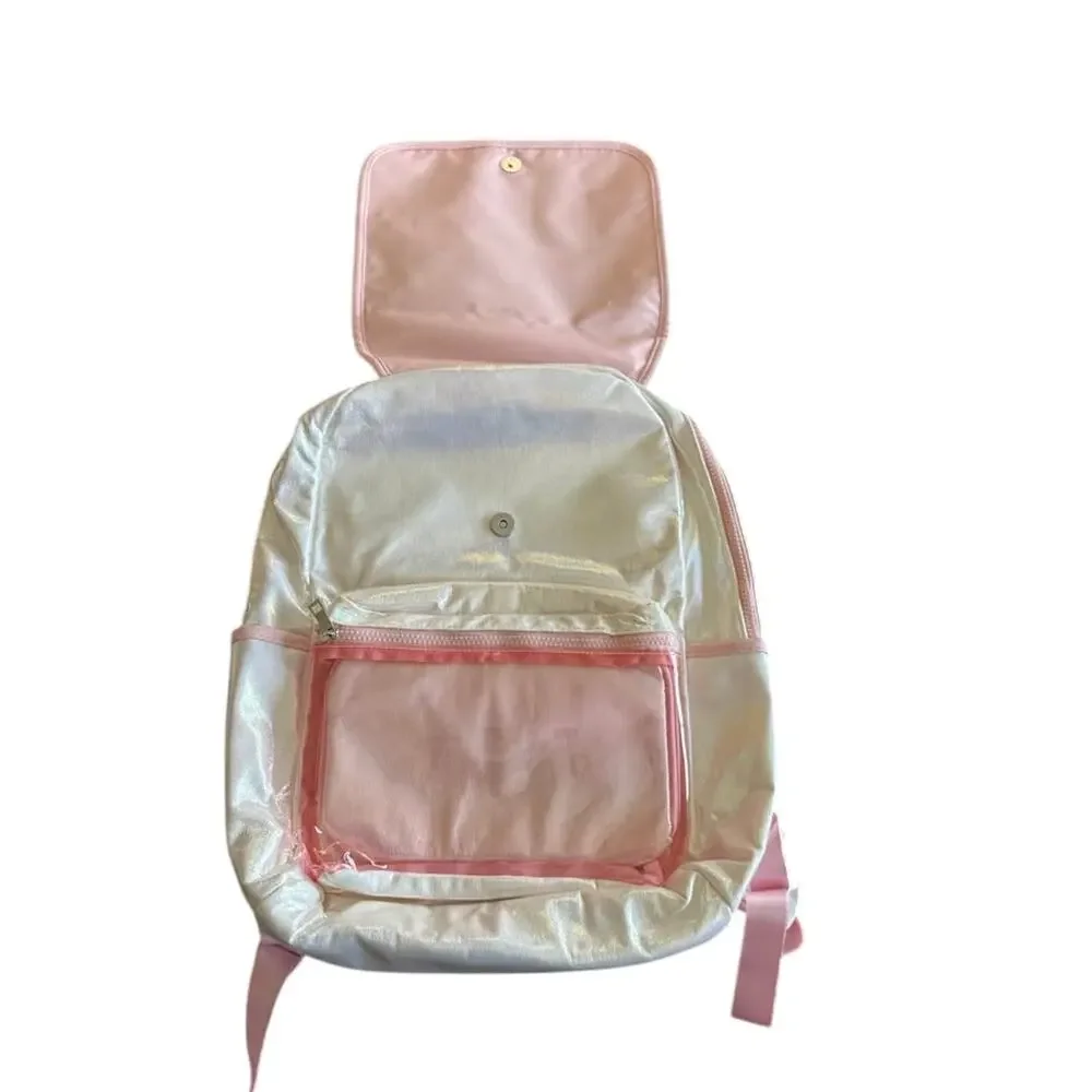 Girls Iridescent Pearl Pink Backpack Organizer Pouch School Travel NWT